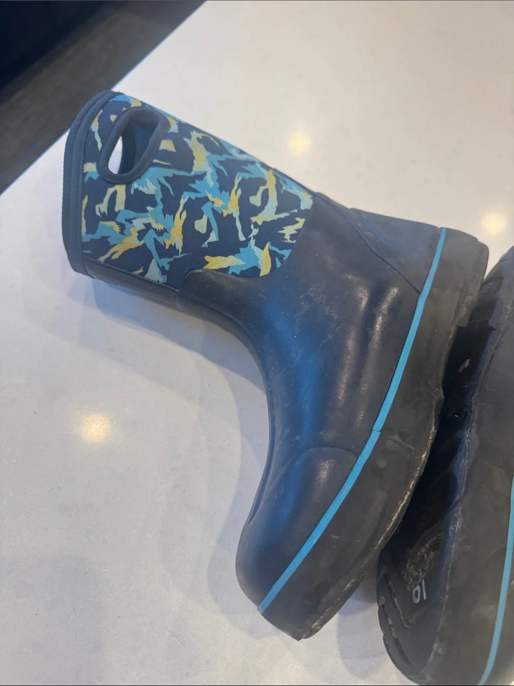 Bogs Kids Black Rain Boots with Blue and Teal Camo Accents
